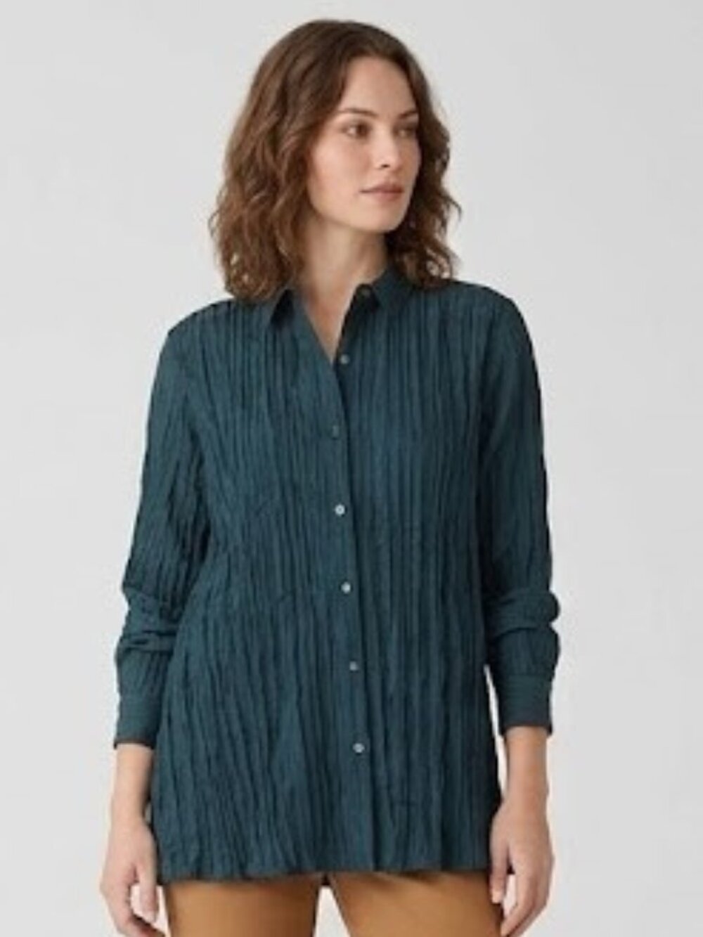 Eileen Fisher Women's Crushed Silk Classic Collar Shirt Alpine Size XS NWT $258